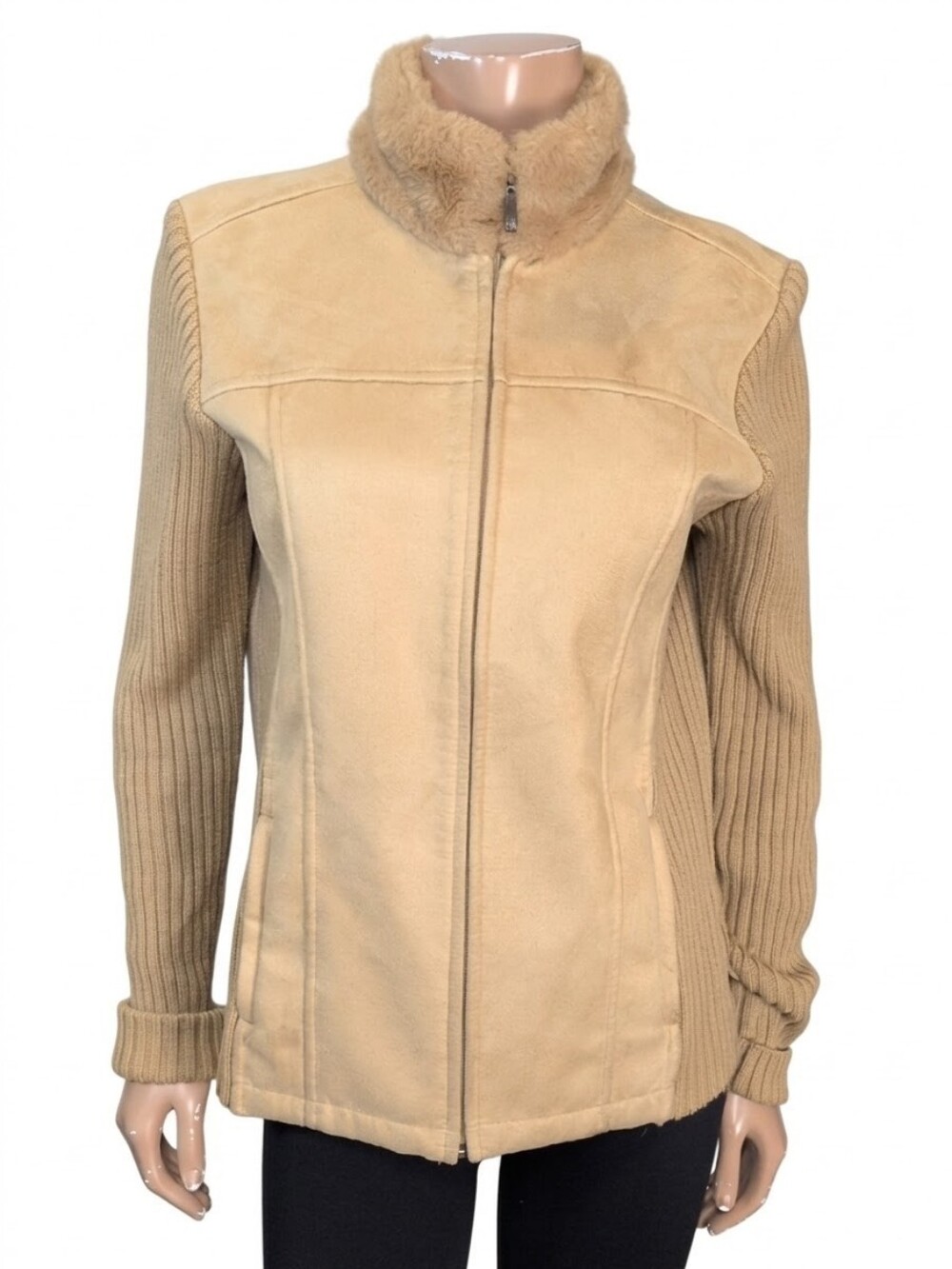 Lady Hathaway Full Zip Jacket Tan Faux Suede Faux Fur Womens Size Medium Fall